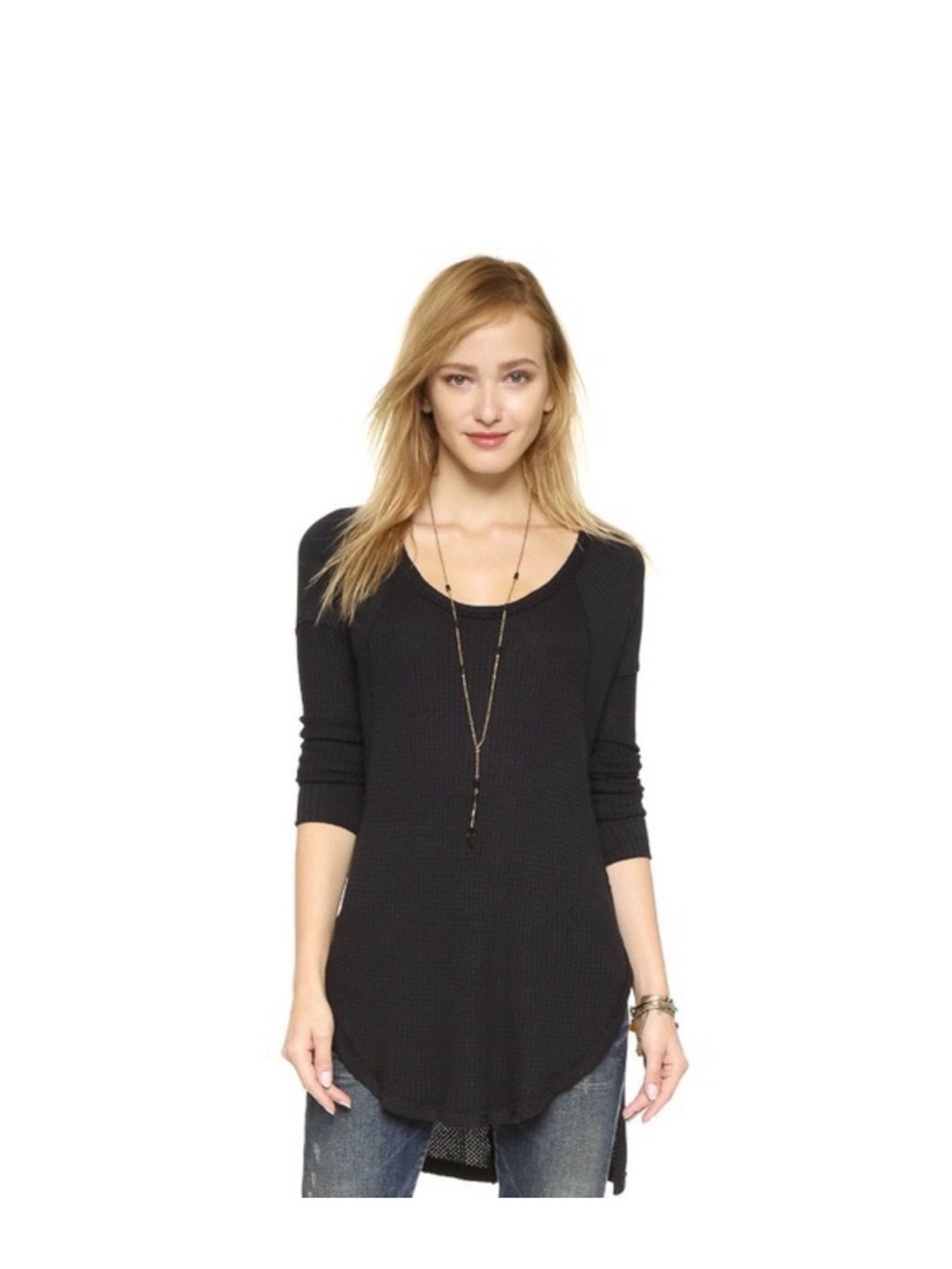 Free People Black Scoop Neck Waffle Knit Long Sleeve Tunic